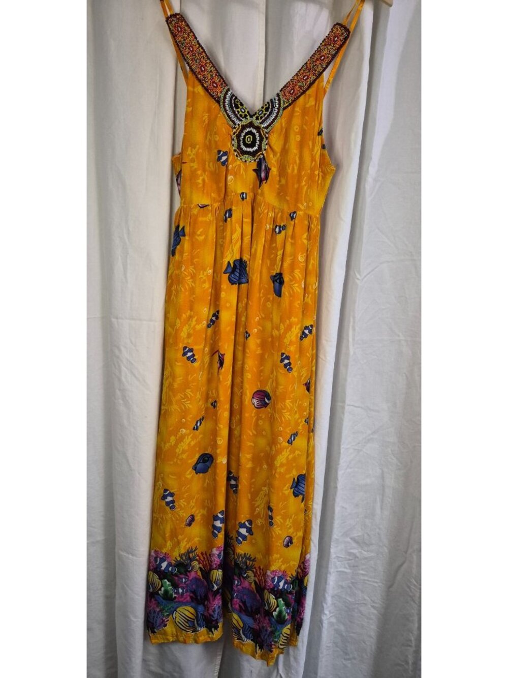 Forla Paris Medium NWOT Yellow Beaded Fish Cruise Vacation Colorful Midi Dress